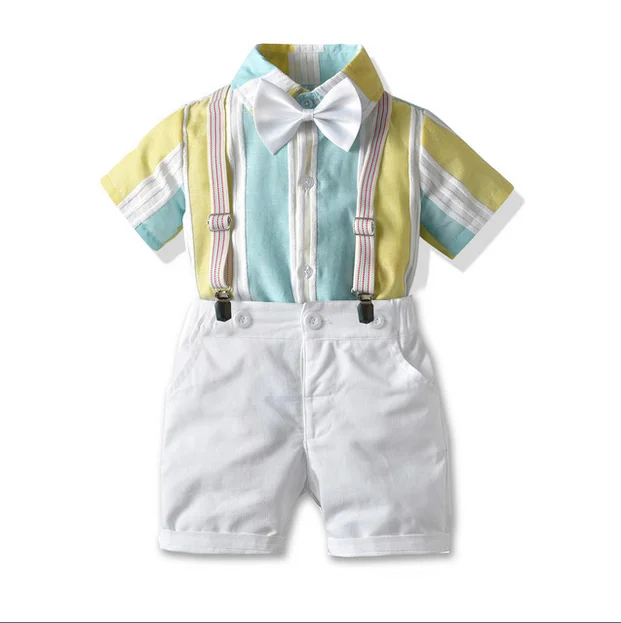 

Baby Boy Short Sleeve Shirt + Overalls, Vertical Stripes Bow Button Adjustable Leisure Gentleman Toddler Summer Clothing Suit