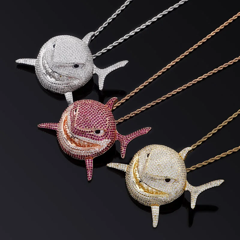 

Large 6IX9INE Shark Pendant Iced Cubic Zirconia Pendant Necklace Fashion Jewelry Gift 14mm Cuban Chain Can Passable
