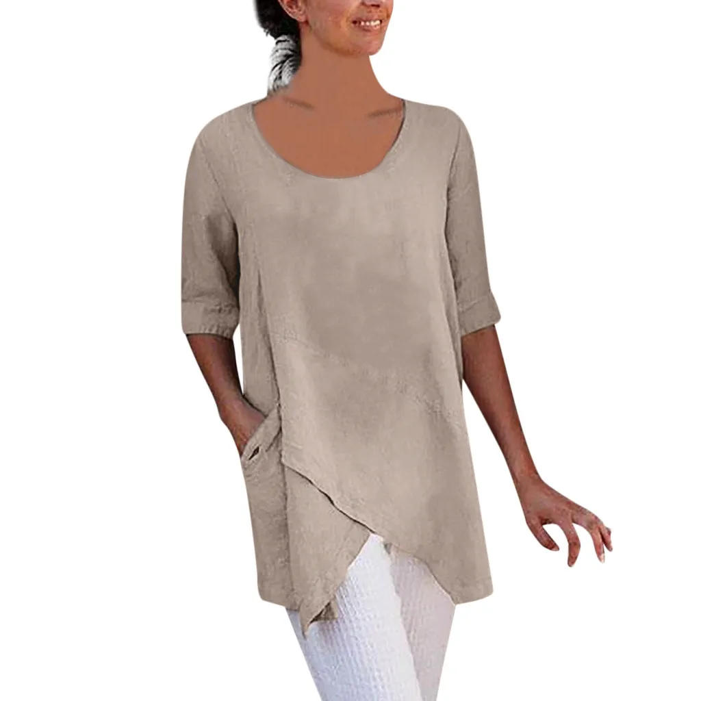 

Women Loose Tee Shirts Tunic Ladies Fashion Casual Cross Design Half Sleeve Pocket Cotton And Linen Tops T Shirt Tee Shirts