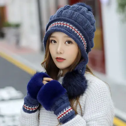 dark blue Зимние женские шляпы из кроличьего меха, перчатки, шарф, наборы, сохраняющие тепло, костюм, шапки, увеличивающие рост, полосатые перчатки, популярные вязаные шапки с ушками - Цвет: dark blue