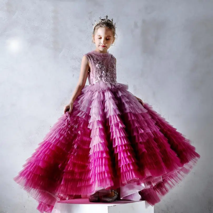 

Luxury Pleated Cloud Purple Pageant Dress For Girls Kids First Holy Communion Dresses Weddings Birthday Party Dress Vestidos L06