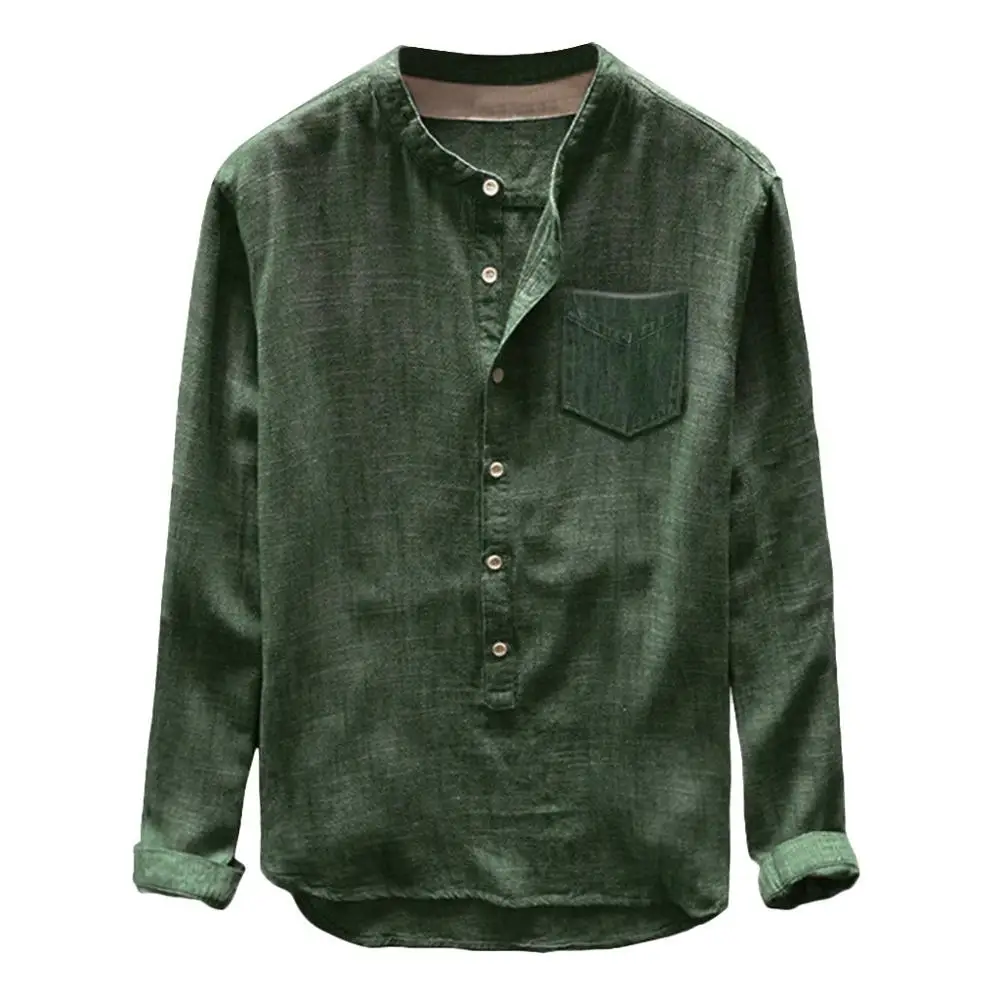 C Осенняя повседневная мужская рубашка, Chemise Homme, хлопковая, льняная, одноцветная, с длинным рукавом, на пуговицах, с карманом, свободная рубашка, блузка, топы, повседневная одежда - Цвет: C