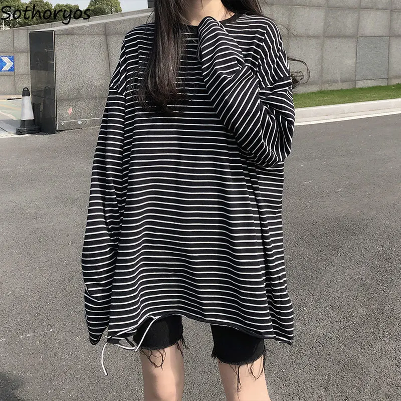 

Couples PopularLong Sleeve T-shirts Women Baggy Old Fashion Ripped Holes Tees Harajuku Unisex BF Striped Slouchy Loose Tops