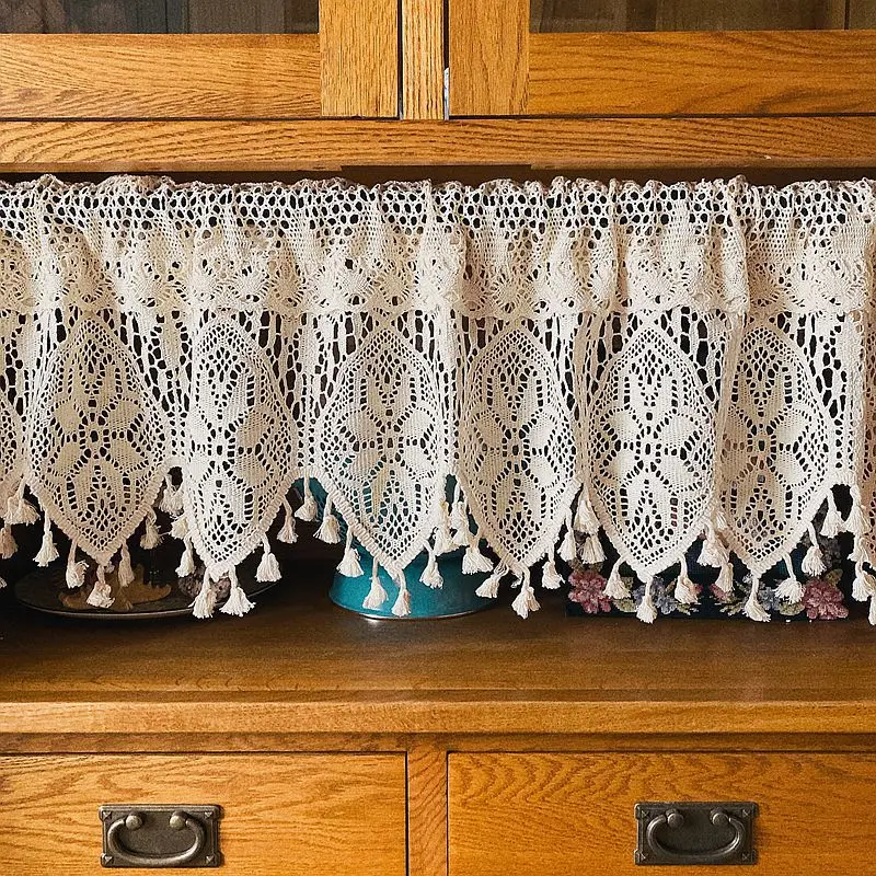 

Vintage Half Curtain With Crochet Lace Short Curtains For Kitchen Window Cotton Cafe Curtain Cabinet Cover Dust-proof Rustic