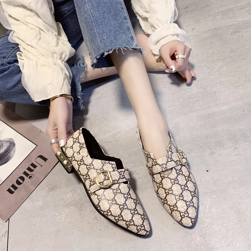 2020 Spring New Ladies High Quality Flats Printed Pointed Toe Women Loafers Party Office Fashion Metal Buckle Casual Shoes |