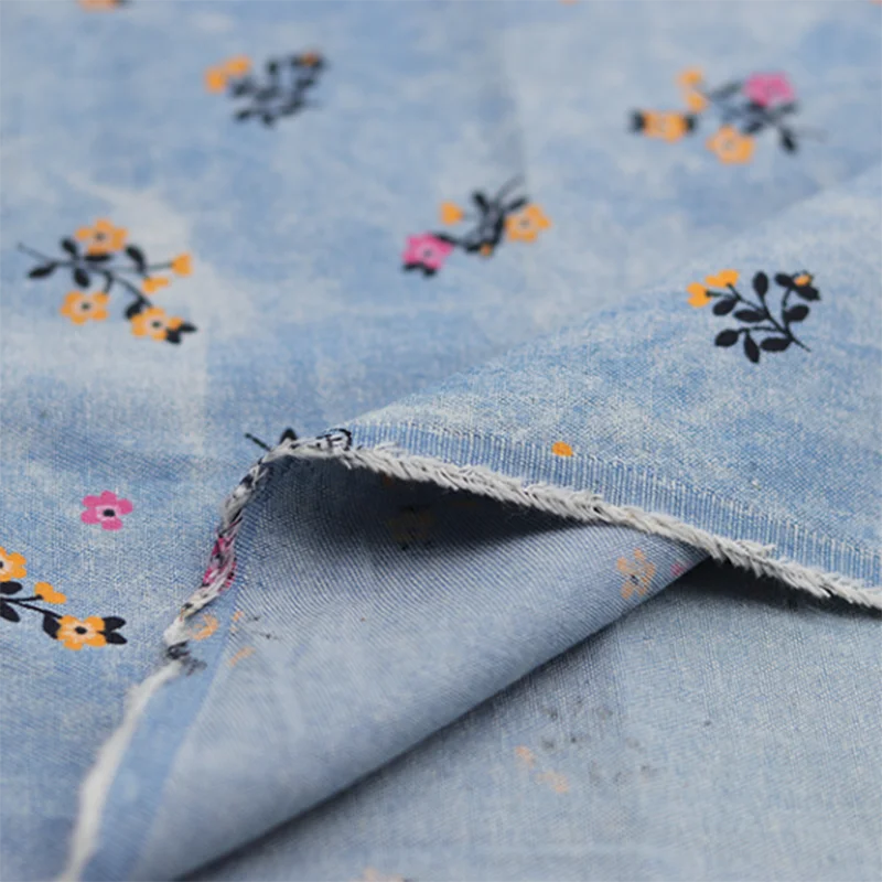 

Soft Denim Fabric With Floral Printed DIY Sewing Dress Shirts Cotton Distressed Jeans Fabrics Eco Friendly 50X150CM Telas