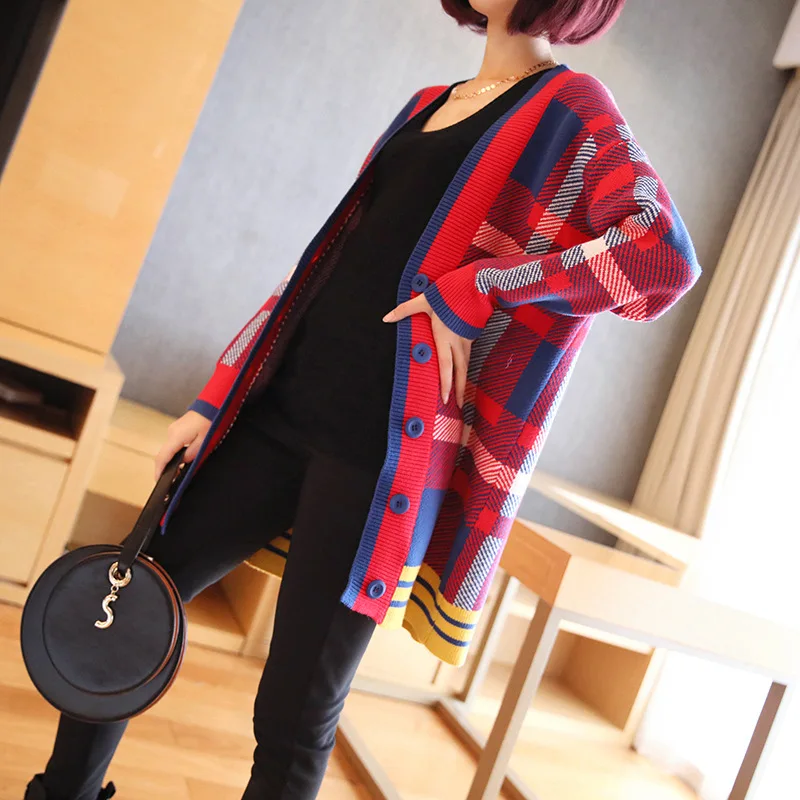 

Ms. temperament plaid cardigan sweater female 2019 autumn and winter new Korean Women loose sweater coat