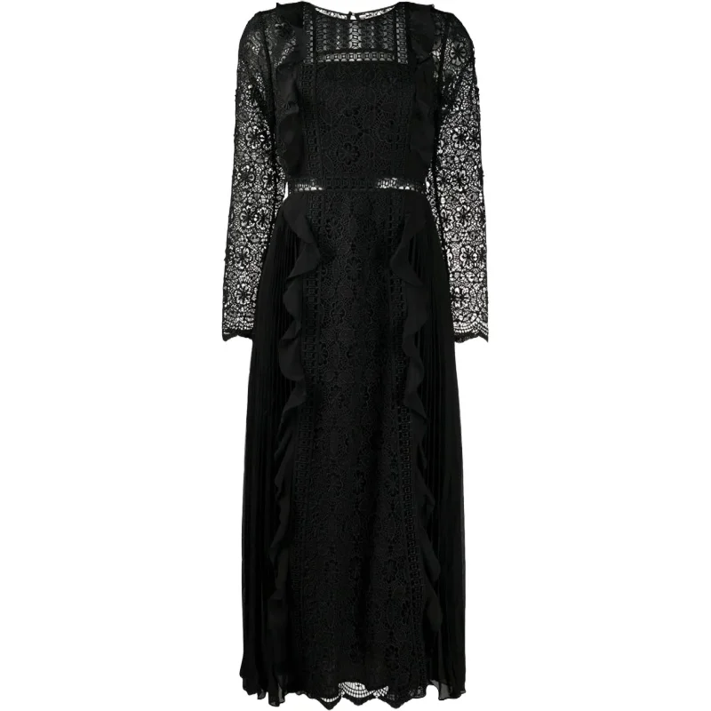 

Sexy Black Hollow Out Long Party Dress 2020 Women Vintage Elegant O-neck Long Sleeve Ruffles Pleated Maxi Dress vestido