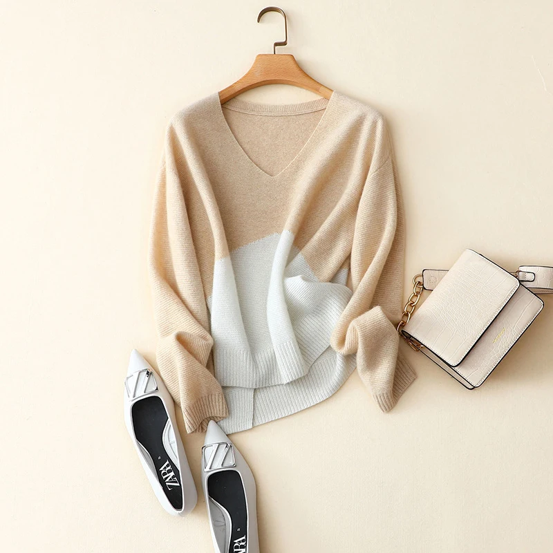 Корейский стиль модный женский осенний пуловер с v образным вырезом элегантный