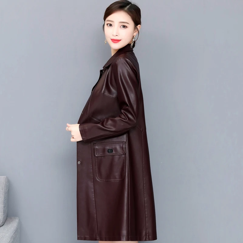 Женский Длинный тренчкот из искусственной кожи с отложным воротником Осень зима