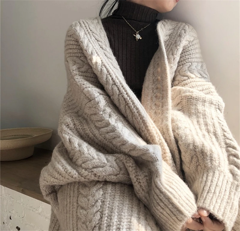 Long Thick Knit Sweater Women Autumn Winter Cardigans Loose Pockets Coat Knitted Jacket Cardigan Elegant Maxi Tops Streetwear