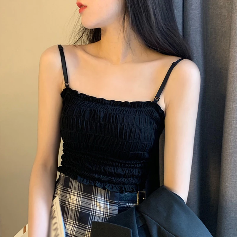 

Summer Women Sexy Tank Tops Pleated Vests Solid Color Slim Bottoming Vests Wrap Corsets Clothing Female Girls Shoulder Off Vest