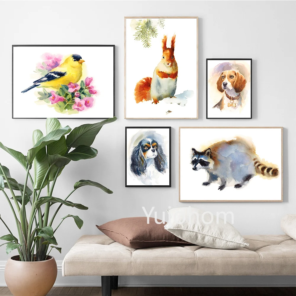 Современная декоративная Акварельная птица милая собака курица Картина на