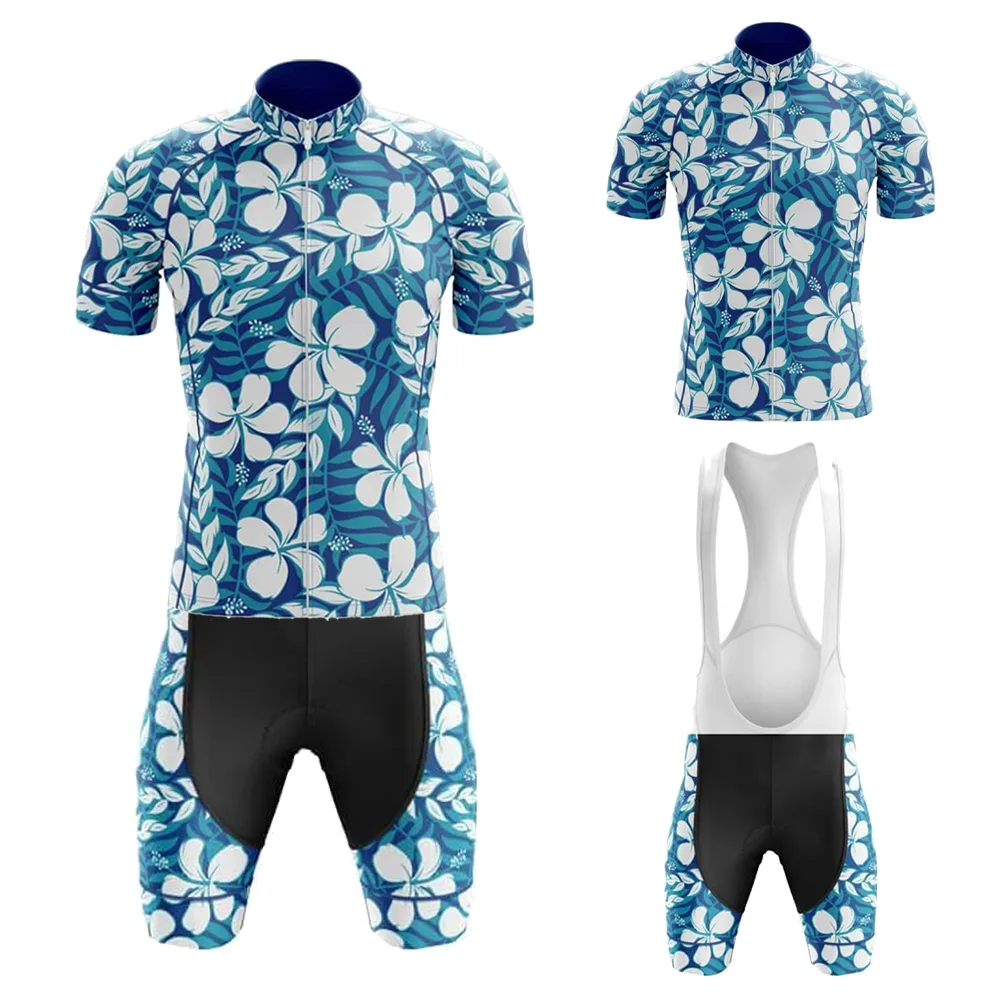 

Tropical Rainforest Style BLUE Summer Cycling Jersey Set Ciclismo Masculino Bib Short Gel Breathable Pad Maillot Ciclismo Hombre