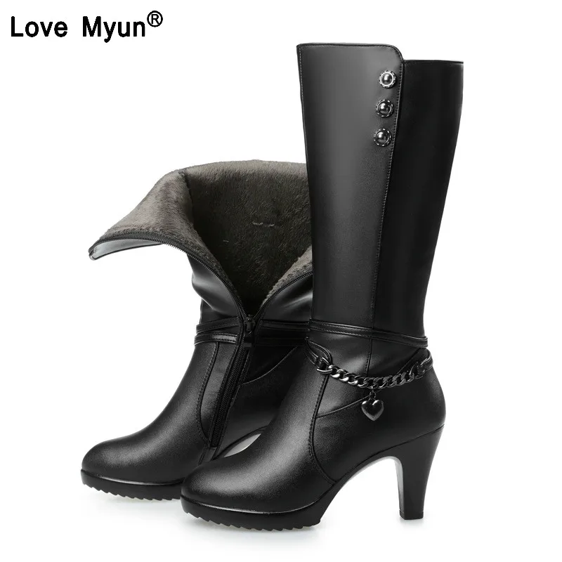 Woman boots high-heeled 2019 Genuine Leather motorcycle boots. thick wool warm winter female fashion long-barreled 758 | Обувь