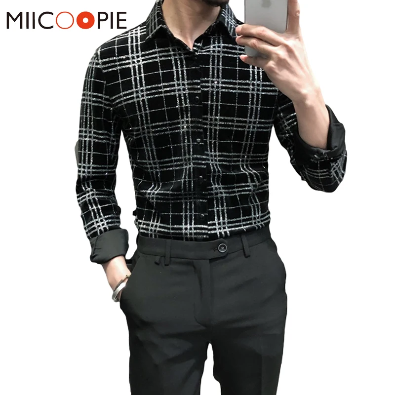 

Luxury Striped Plaid Shirt Men Spring Brand Long Sleeved Mens Velvet Shirts Asian Sizes Slim Fit Lapel Button Up Man Clothes 3XL