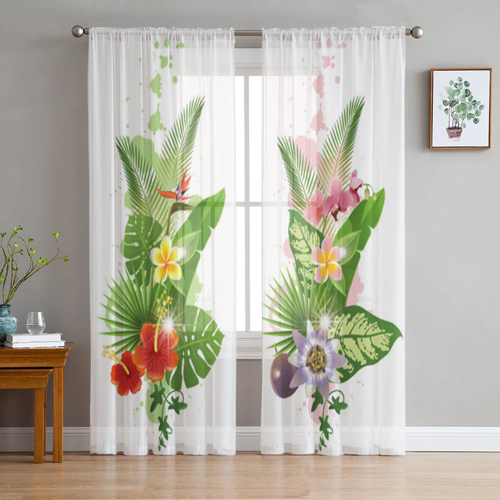 

Тюлевые шторы с тропическими растениями, цветочные занавески с пальмовыми листьями для спальни, домашний декор, гостиной, кухни, вуаль для п...