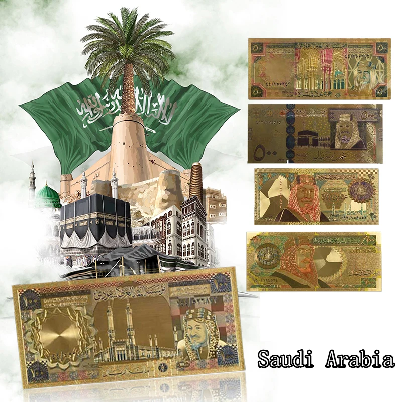 

WR 5pcs/lot Wholesale Saudi Arabia Gold Banknote Sets 20-500 Saudi Riyal Fake Money Paper Bank Note Gift Item Dropshipping