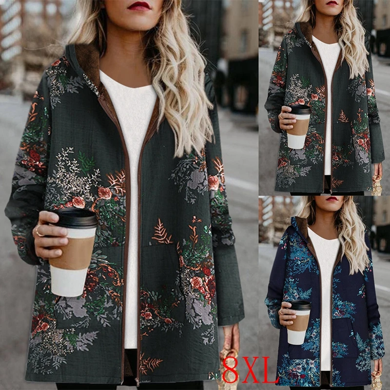 

Autumn new large size hoodie 5XL 6XL 7XL 8XL bust 133CM fashion women zipper pocket cotton and linen printed jacket