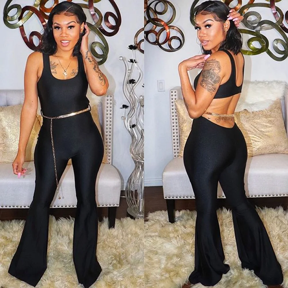 

Creative Design Pure Black Back Hollow-out Boot-cut Jumpsuit Summer Hot Sale Sleeveless Femme Bell-bottoms Flare Rompers