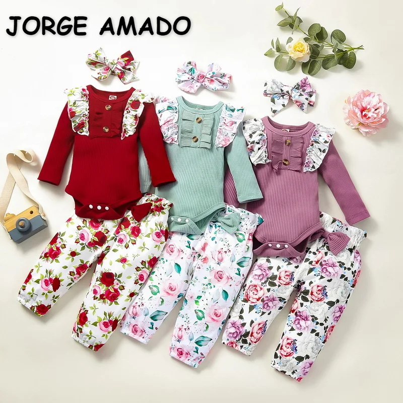 

2021 New Autumn Baby Girls Bodysuit 3-pcs Sets Waffle Long Flare Sleeves Jumpsuit+Print Pants+Headwear Infant Clothes E2716