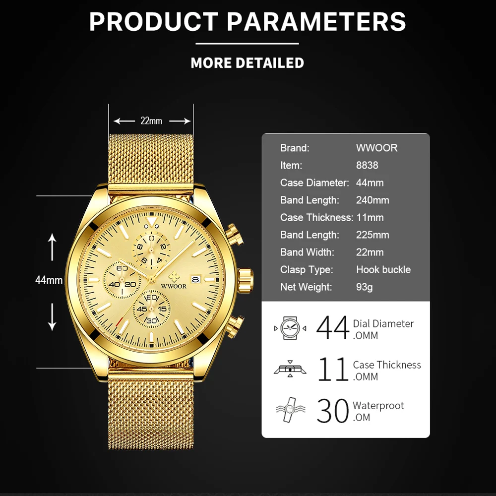 

WWOOR 2021 Sports Business Mens Watches Luxury Gold Full Steel Quartz Watch Men Multifunction Waterproof Chronograph Wrist Watch