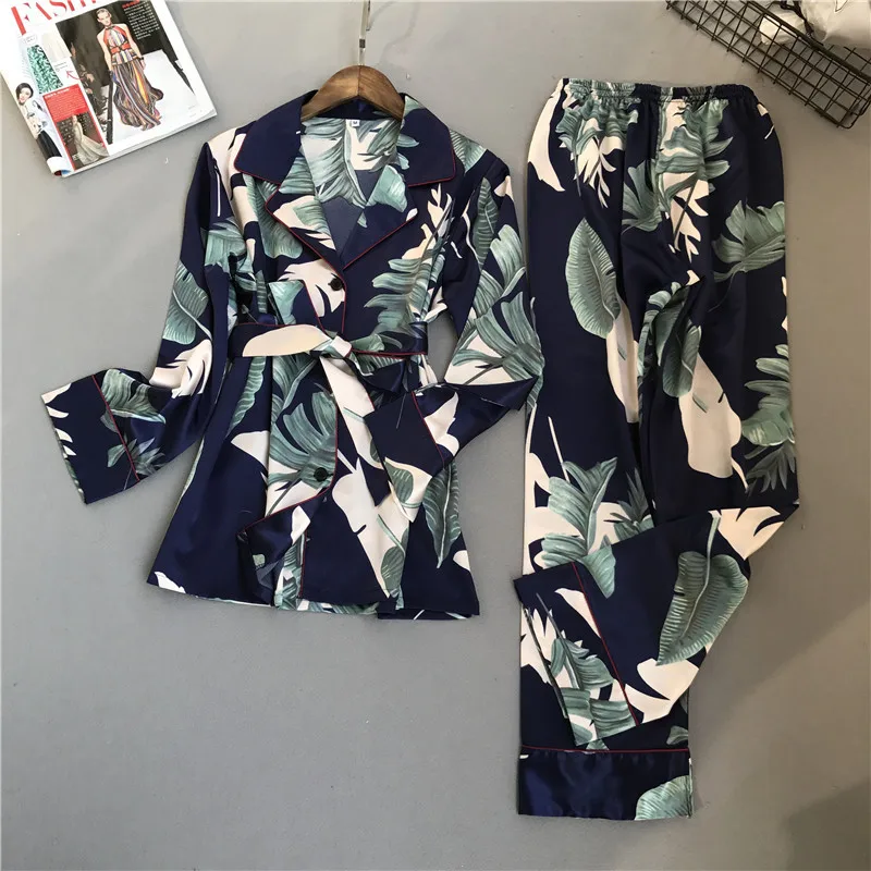 

Spring Summer Flower Printing Women Pajamas Sets with Pants Satin Sleepwear Long Sleeve Nightwear Pyjama Nightsuit Pijama