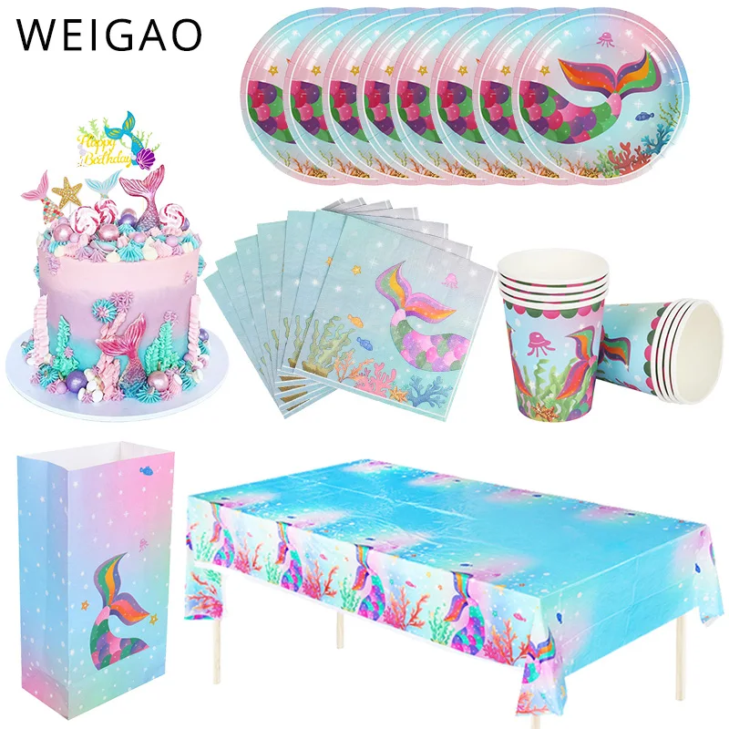 

WEIGAO Mermaid Party Decoration Kids Birthday Party 1st Birthday Disposable Tableware Set Mermaid Plate Cup Napkins Supplies