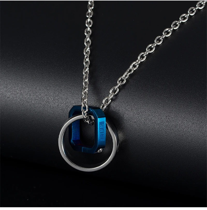 

Simple 316l Stainless Steel Chain Necklaces For Women Jewelry Gift Romantic Blue Color Double Circle Pendant With Cubic Zirconia