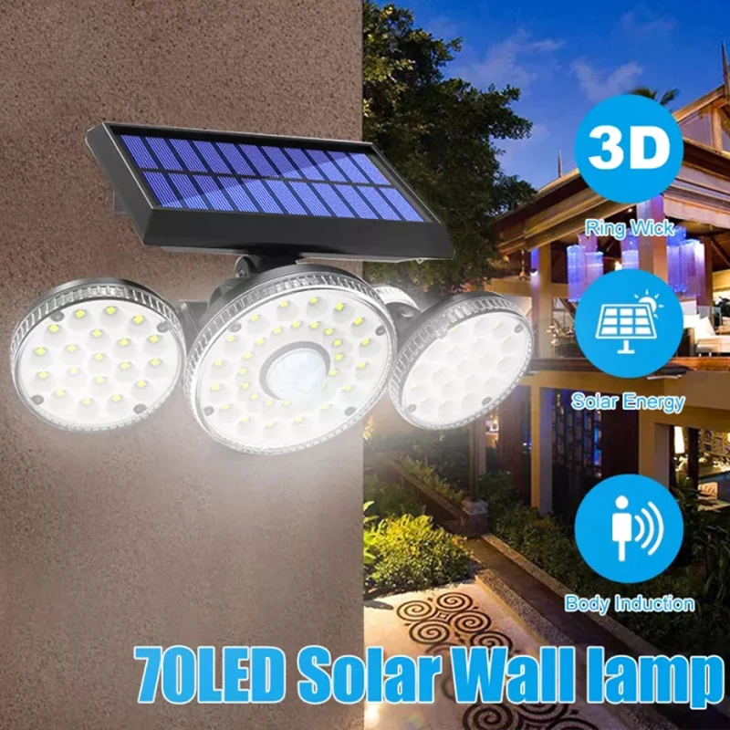 

Уличный настсветильник светильник на солнечной батарее, лампа с датчиком движения, водонепроницаемое настенное освещение Ip65, канасветильник льник, 70 светодиодов
