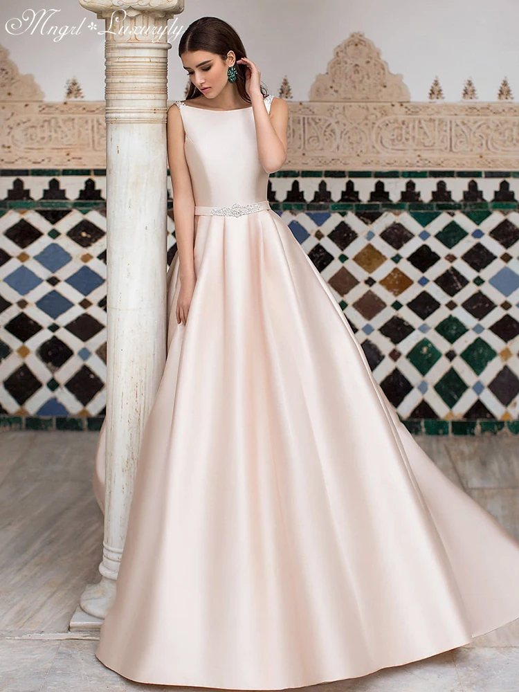 

Luxury Matte Soft Satin A Line Wedding Dresses Sleeveless High Waist Gowns O Neck Diamond Backless Buttons