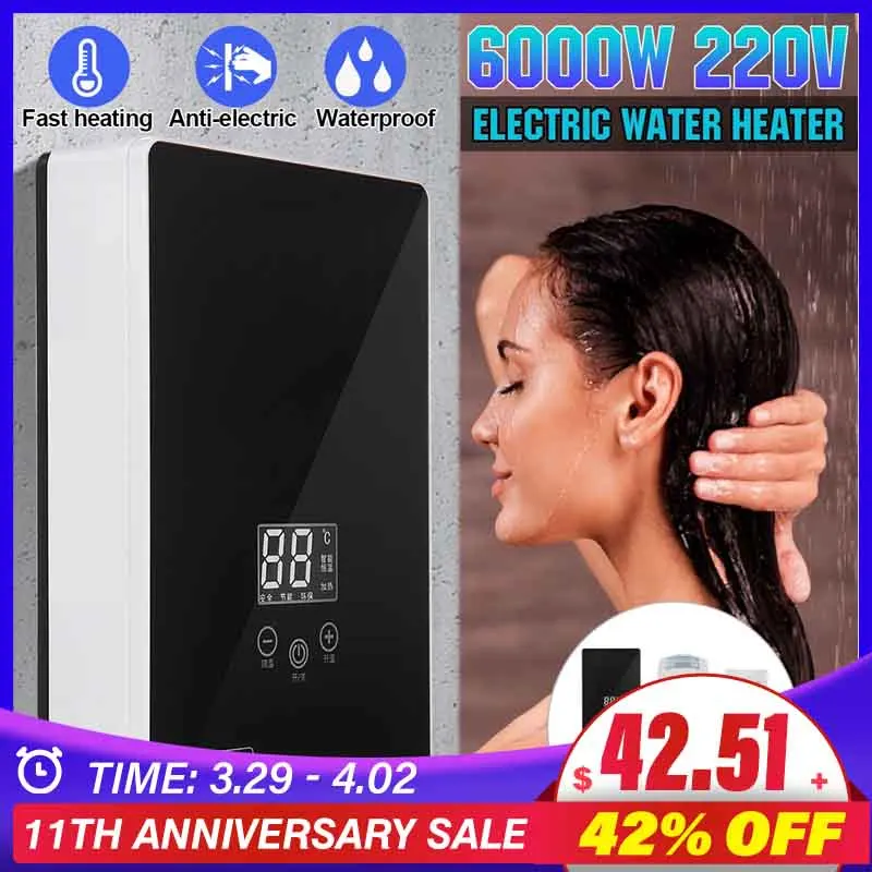 

No water tank instant electric water heater, 6000W, 220V, instant water heater, fast hot water shower in 3 seconds
