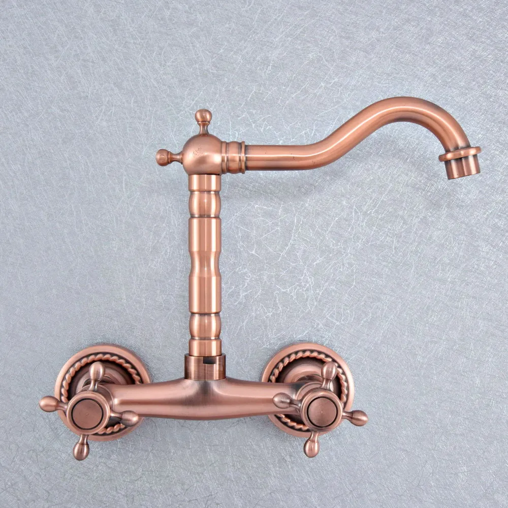 

Antique Red Copper Brass Wall Mounted Kitchen Wet Bar Bathroom Sink Faucet Swivel Spout Mixer Tap Dual Cross Handles asf859