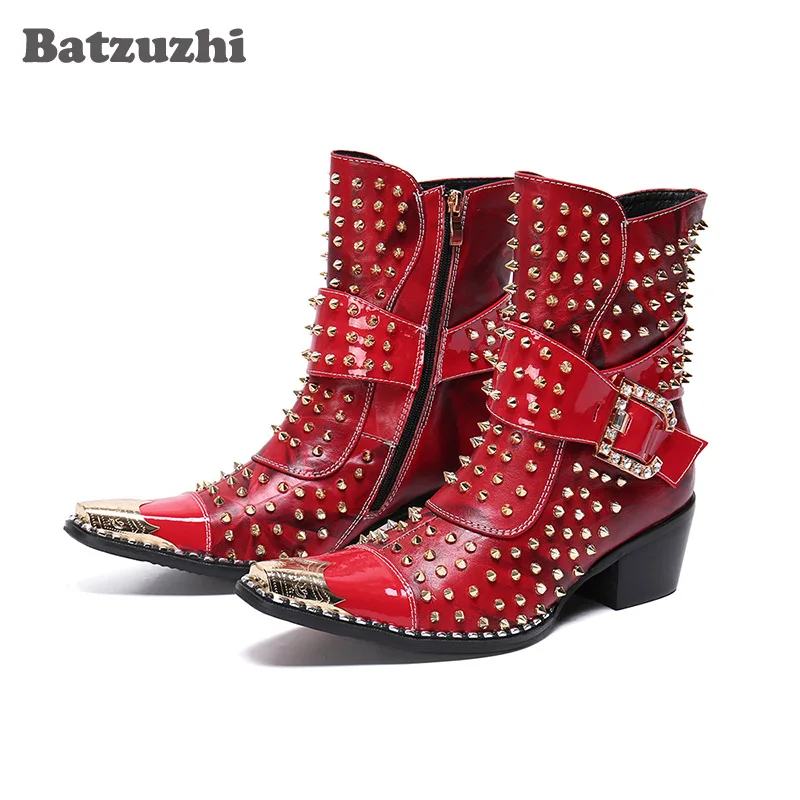 

Batzuzhi 6.5cm High Heels Boots Men Rock Rivets Short Men's Boots Pointed Metal Tip Buckles Motorcycle Botas Hombre, Size 38-46