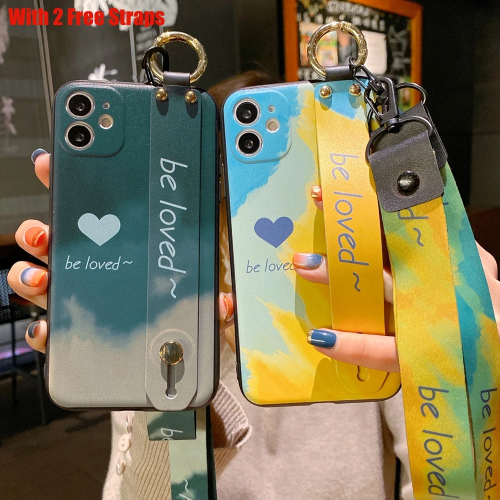 

Crossbody + Hand Strap Stand Holder Case for iPhone 12 Mini 11 Pro Max 10 X Xr Xs 6 6s 7 8 Plus Luxury Love Heart Soft TPU Cover