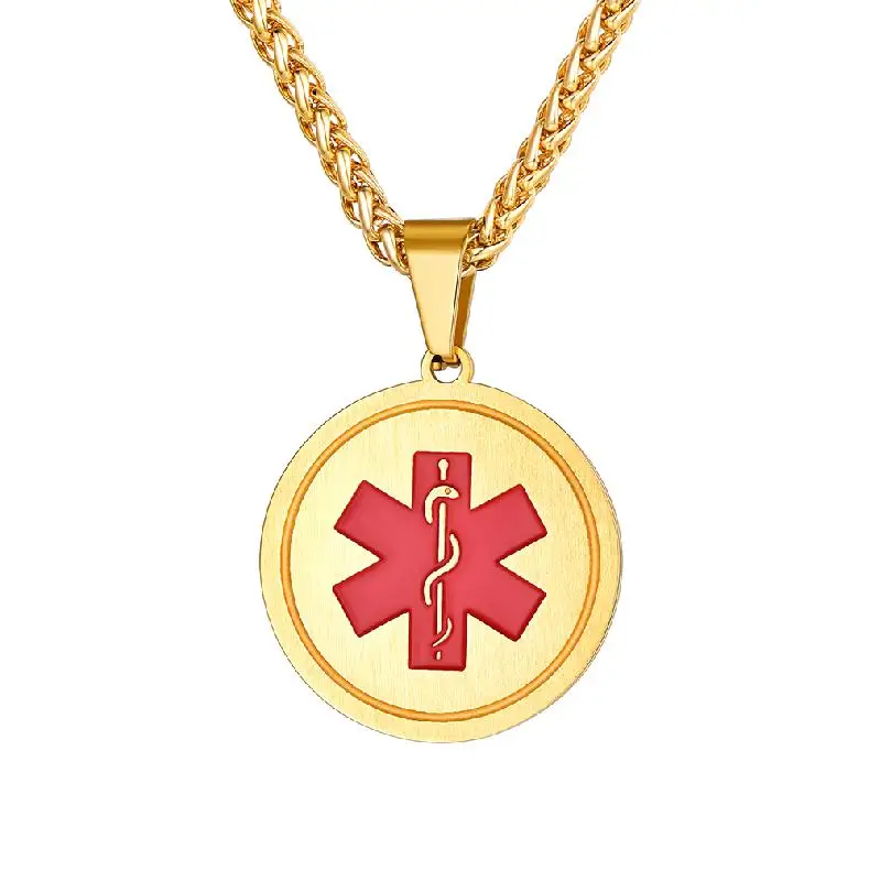 U7 Personalized Message Engraved EMC Tag with Medical Card Medal Medical Alert ID Tag Round Medal Necklace