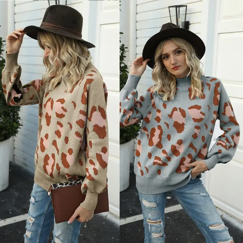 

Womens Autumn Lantern Sleeve Knitted Sweater Vintage Leopard Print Loose Pullover Tunic Tops Turtleneck Casual Jumper Streetwear