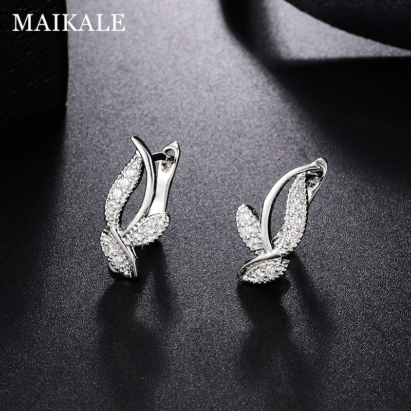 MAIKALE, классические серьги-гвоздики в форме листа, покрытые золотом и серебром, AAA кубический цирконий, простые корейские серьги для женщин