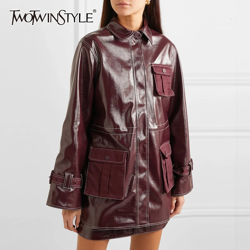 Женская Повседневная куртка TWOTWINSTYLE осенняя Свободная из искусственной кожи с