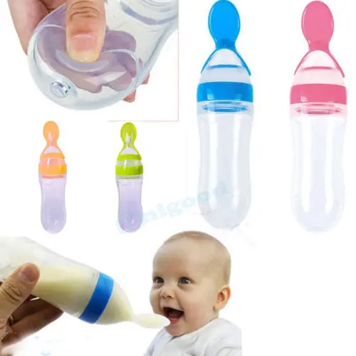 

Emmababy 90ML Lovely Safety Infant Baby Silicone Feeding With Spoon Feeder Food Rice Cereal Bottle For Best Gift