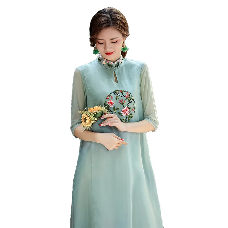 

Luxury Dress 2020 Summer Vintage Party Women Exquisite Embroidery Deco 3/4 Sleeve Mid-Calf Length Light Blue Dress Vestidos 2XL