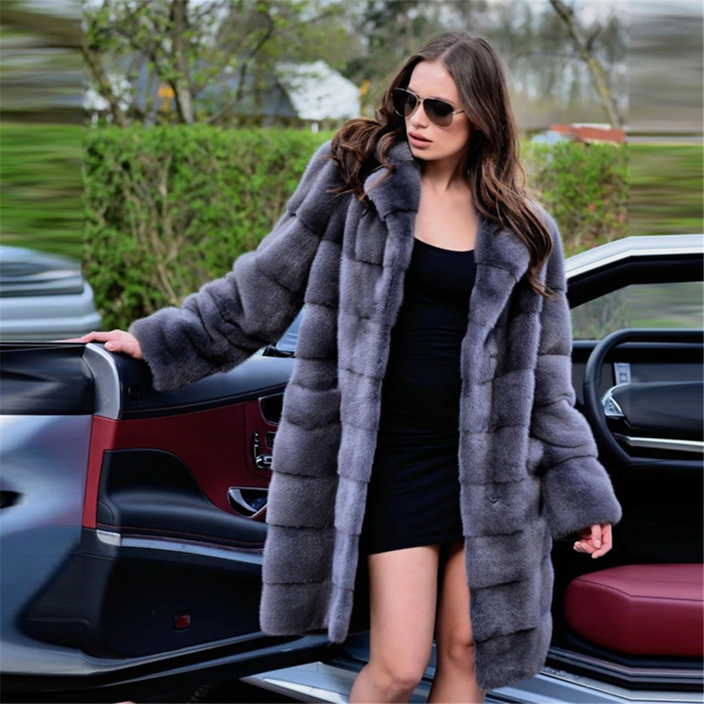Модное темно-серое пальто TOPFUR с воротником лацканами из натурального меха для