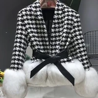 2020 winter ladies houndstooth wool coats with natural fox fur sleeves and hem ribbon belt outerwear ladies streetwear