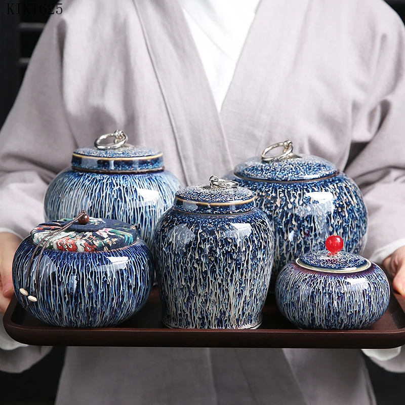 

Classical Ceramic Tea Caddy Household Nut Candy Storage Tank Moisture-proof Sealed Pot Kitchen Storage Container Home Decoration