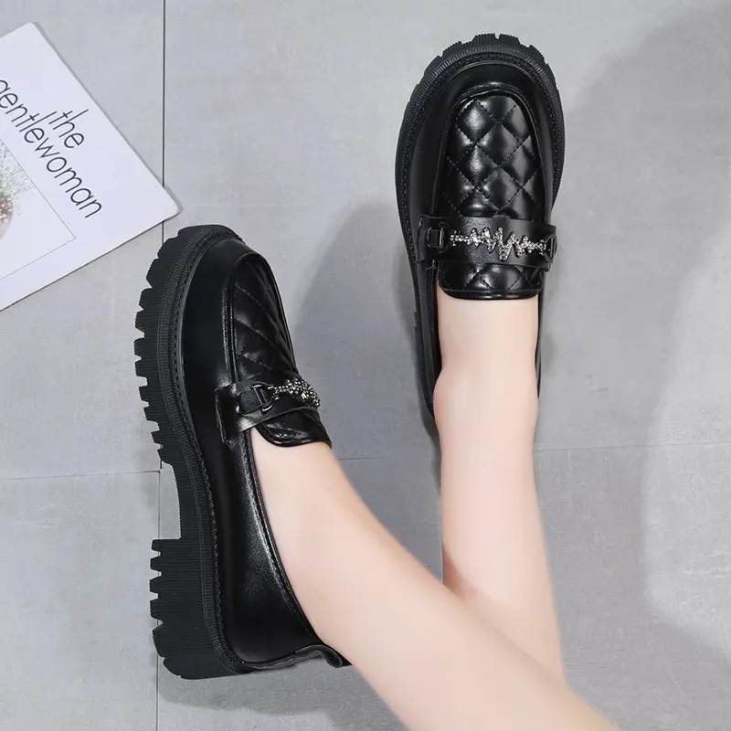 

2020 autumn new mid heel shoes casual round toe small leather shoes female British style thick bottom all-match women's shoes