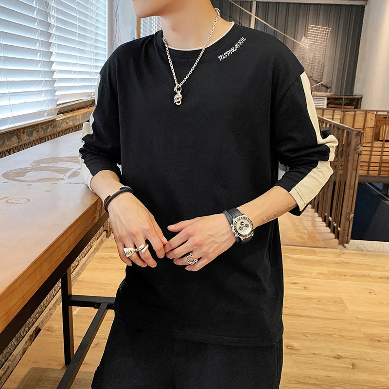 Мужская хлопковая футболка с длинным рукавом круглым вырезом | одежда