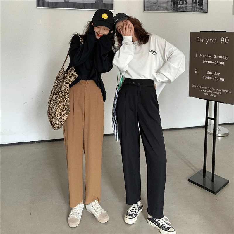 

Casual Elastic Waist Trousers Chic Button High Waist Black Pants Women Summer Brown Ladies Office Trousers Female Harem Pants