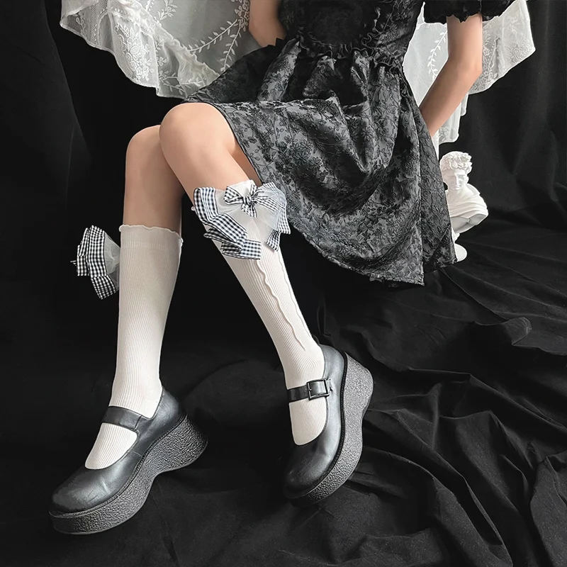 

Милые французские ретро носки с трехмерным бантом в японском стиле Лолита, агарические кружевные носки до середины икры, модные носки в сти...