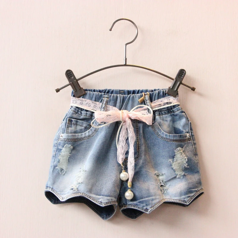 Летние шорты для маленьких девочек джинсовые штаны однотонные ленты одежда