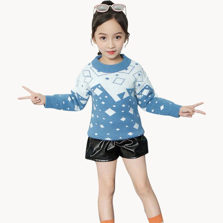 Свитер для девочек модный детский свитер с геометрическим рисунком толстый